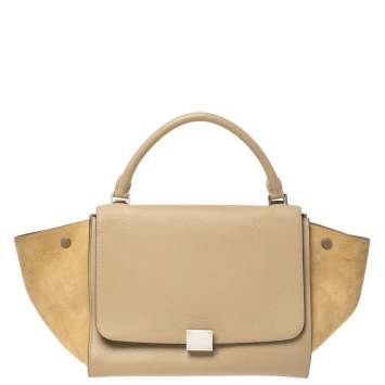 Pre Owned Celine Beige Leather and Suede Medium Trapeze Top Handle Bag