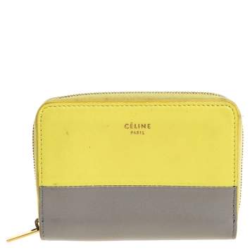 Pre Owned Celine Yellow/Grey Leather Zip Around Coin Purse