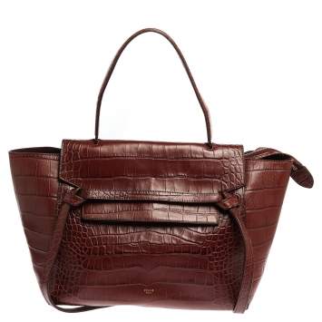 Pre Owned Celine Brown Croc Embossed Leather Mini Belt Top Handle Bag