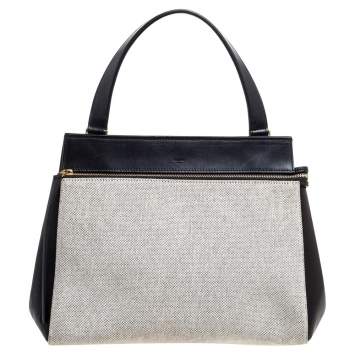 Pre Owned Celine Black/Ivory Leather and Canvas Medium Edge Top Handle Bag