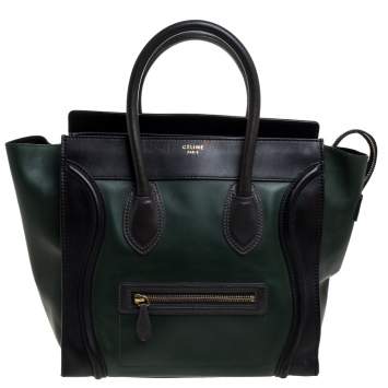 Pre Owned Celine Black/Dark Green Leather Mini Luggage Tote