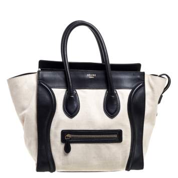 Pre Owned Celine Black/Ivory Canvas and Leather Mini Luggage Tote