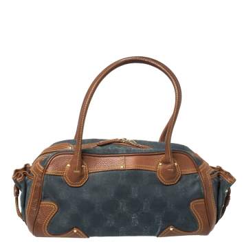 Pre Owned Celine Blue/Brown Macadam Denim and Leather Drawstring Pocket Satchel