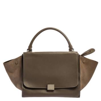 Pre Owned Celine Brown Leather and Suede Medium Trapeze Top Handle Bag