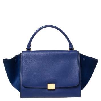 Pre Owned Celine Blue Leather and Suede Medium Trapeze Top Handle Bag
