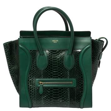 Pre Owned Celine Dark Green Python and Leather Mini Luggage Tote