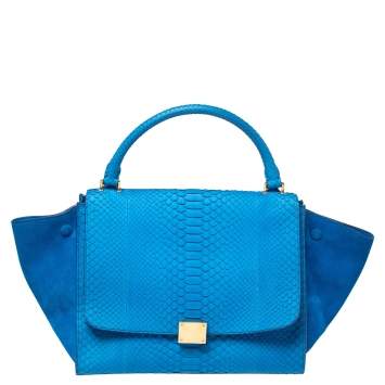 Pre Owned Celine Blue Python and Suede Medium Trapeze Top Handle Bag