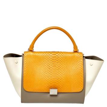 Pre Owned Celine Tri Color Leather and Python Medium Trapeze Top Handle Bag