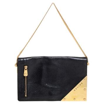 Pre Owned Celine Black Textured Leather Chain Handle Clutch