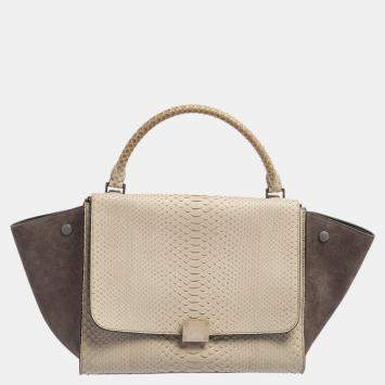 Pre Owned Celine Two Tone Grey Python and Suede Medium Trapeze Top Handle Bag