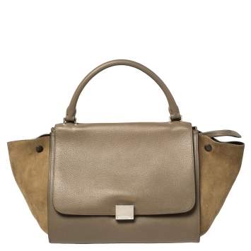 Pre Owned Celine Khaki Green Leather and Suede Medium Trapeze Top Handle Bag