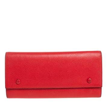 Pre Owned Celine Red Drummed Leather Multifunction Flap Wallet 