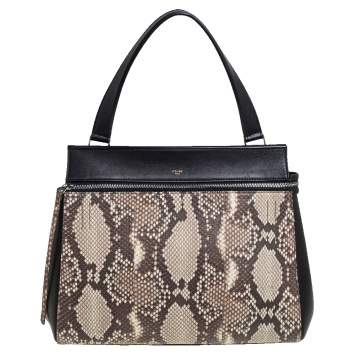 Pre Owned Celine Black/Beige Python and Leather Medium Edge Top Handle Bag