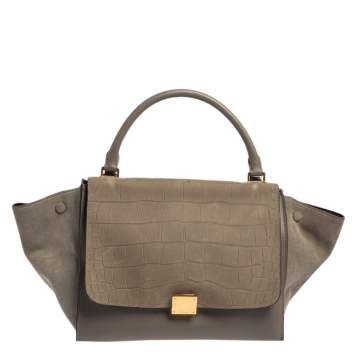 Pre Owned Celine Grey Croc Embossed Leather and Suede Medium Trapeze Top Handle Bag