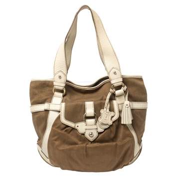 Pre Owned Celine Brown/Light Cream Canvas and Leather Boogie Hobo