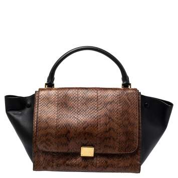 Pre Owned Celine Black/Brown Python and Leather Medium Trapeze Top Handle Bag