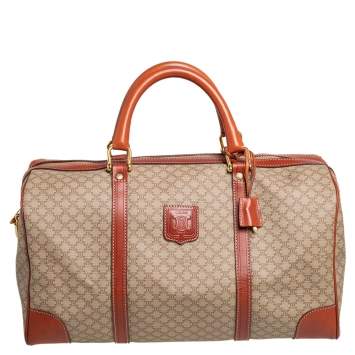 Pre Owned Celine Tan//Beige Macadam PVC and Leather Trim Duffel Bag