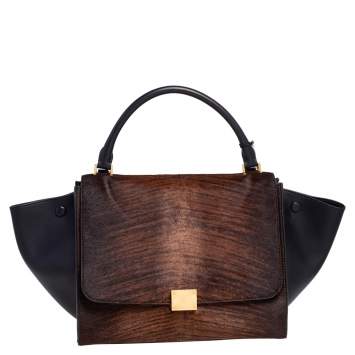 Pre Owned Celine Black/Brown Calf Hair and Leather Medium Trapeze Top Handle Bag