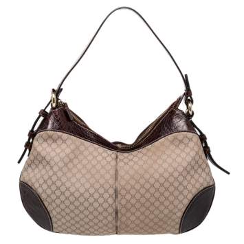 Pre Owned Celine Cream/Brown Canvas And Croc Leather Macadam Hobo