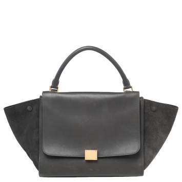 Pre Owned Celine Dark Grey Leather and Suede Medium Trapeze Top Handle Bag