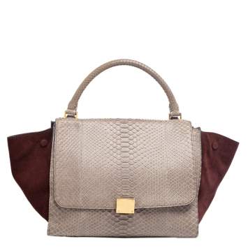 Pre Owned Celine Brown/Grey Python Leather And Suede Medium Trapeze Top Handle Bag
