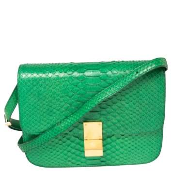 Pre Owned Celine Green Python Medium Classic Box Shoulder Bag