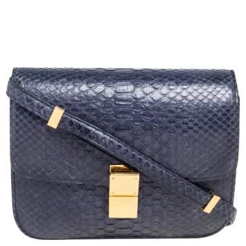 Pre Owned Celine Navy Blue Python Medium Classic Box Shoulder Bag