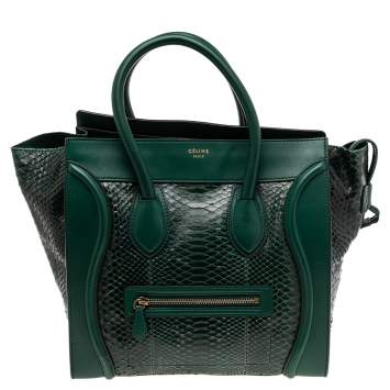 Pre Owned Celine Green Snakeskin Mini Luggage Tote 