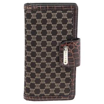 Pre Owned Celine Brown Macadam Canvas and Croc Embossed Leather French Wallet