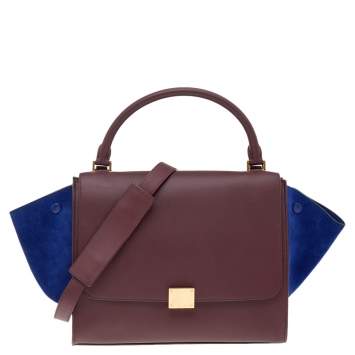 Pre Owned Celine Burgundy/Blue Leather And Suede Medium Trapeze Bag
