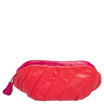 Pre Owned Celine Red/Fuchsia Pleated Leather Clutch