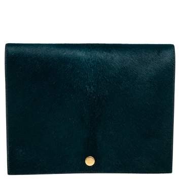 Pre Owned Celine Green/Black Calf Hair and Leather Flap Clutch 