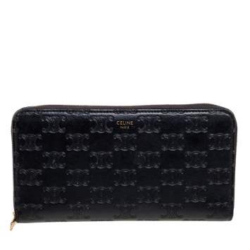 Pre Owned Celine Black Macadam Embossed Leather Zip Around Continental Wallet