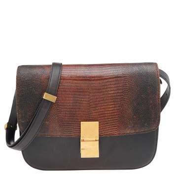 Pre Owned Celine Dark Brown Lizard And Leather Medium Classic Box Shoulder Bag