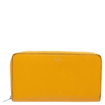 Pre Owned Celine Mustard Yellow Leather Zip Around Wallet 