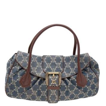 Pre Owned Celine Blue Denim and Leather Macadam Crystal Embellished Buckle Satchel