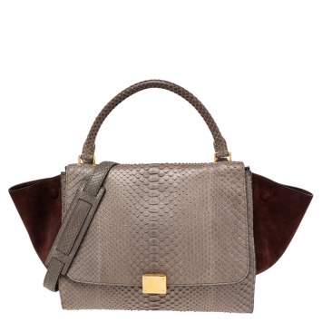 Pre Owned Celine Burgundy/Grey Python and Suede Medium Trapeze Top Handle Bag