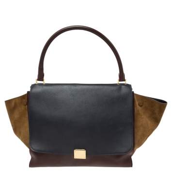 Pre Owned Celine Tri-Color Leather And Suede Large Trapeze Top Handle Bag