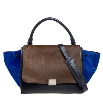Pre Owned Celine Tri Color Leather And Pony Hair Medium Trapeze Top Handle Bag