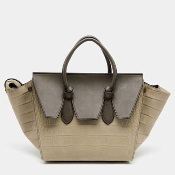 Pre Owned Celine Khaki Croc Embossed Leather Small Tie Knot Tote