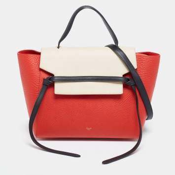 Pre Owned Celine Red/Cream Leather Mini Belt Top Handle Bag