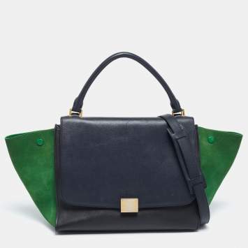 Pre Owned Celine Navy Blue/Green Leather and Suede Medium Trapeze Top Handle Bag