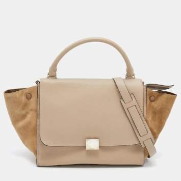 Pre Owned Celine Beige Leather and Suede Medium Trapeze Top Handle Bag