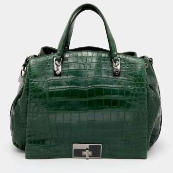 Pre Owned Celine Green Crocodile Leather Turnlock Flap Satchel
