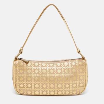 Pre Owned Celine Gold Printed Suede & Leather Pochette Bag