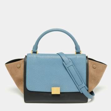 Pre Owned Celine Blue Leather and Suede Small Trapeze Bag