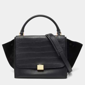 Pre Owned Celine Black Croc Embossed, Leather and Suede Medium Trapeze Bag