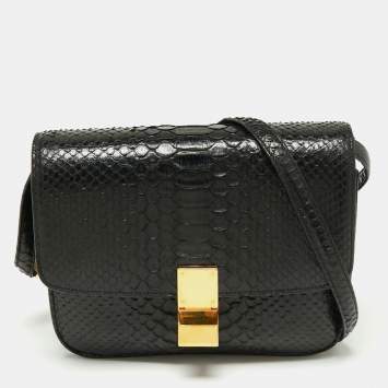 Pre Owned Celine Black Python Medium Classic Box Shoulder Bag