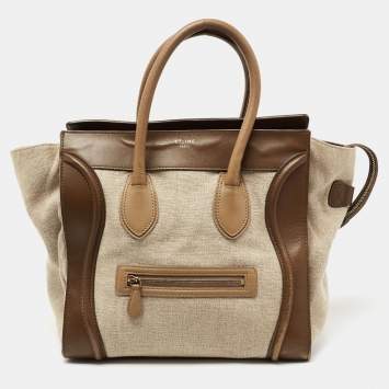 Pre Owned Celine Khaki Green Canvas and Leather Mini Luggage Tote
