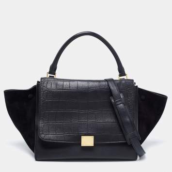 Pre Owned Celine Black Croc Embossed, Leather and Suede Medium Trapeze Bag